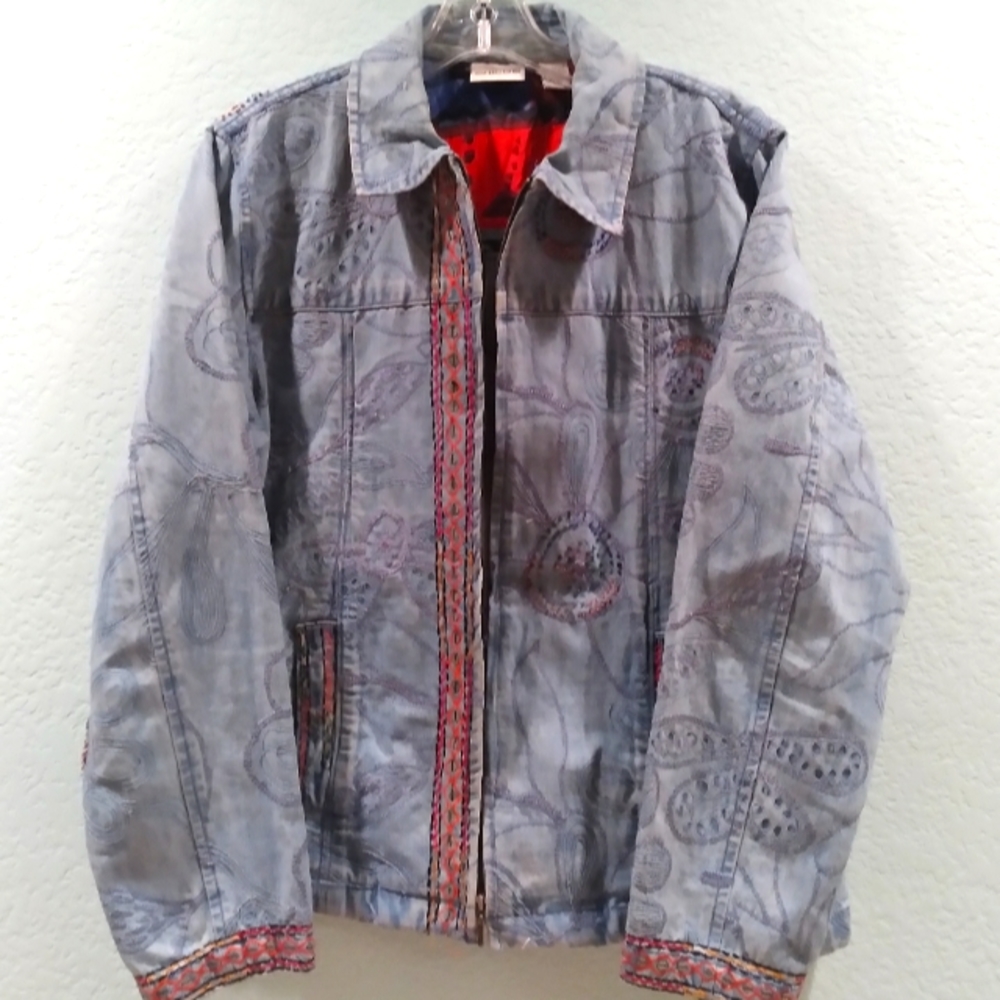 Chico’s Beaded and Embroidered Denim Zip Up Jacket With Pockets Size 1 or M
